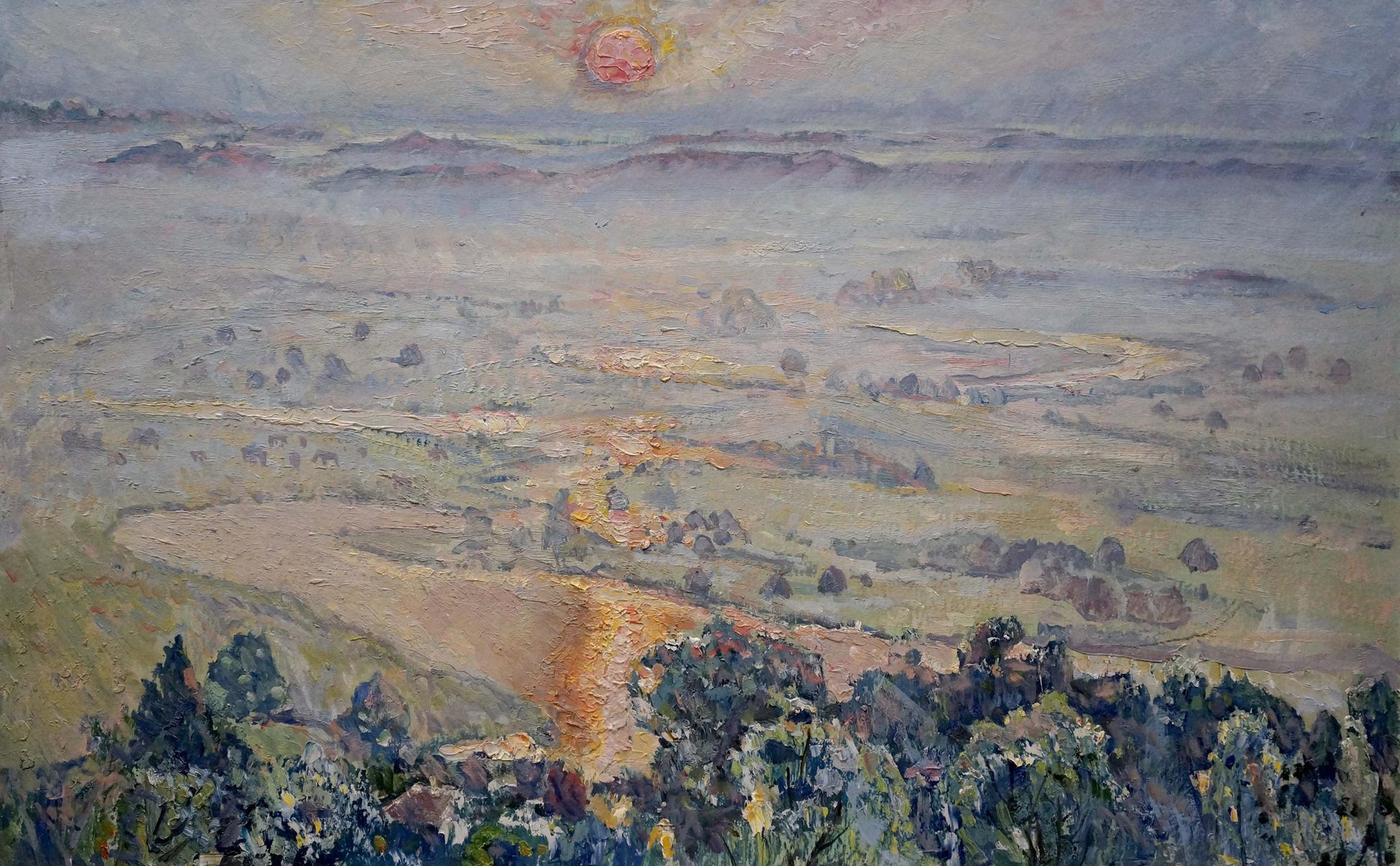 Oil painting of sunset landscape on field by unknown artist