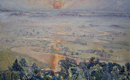 Oil painting of sunset landscape on field by unknown artist