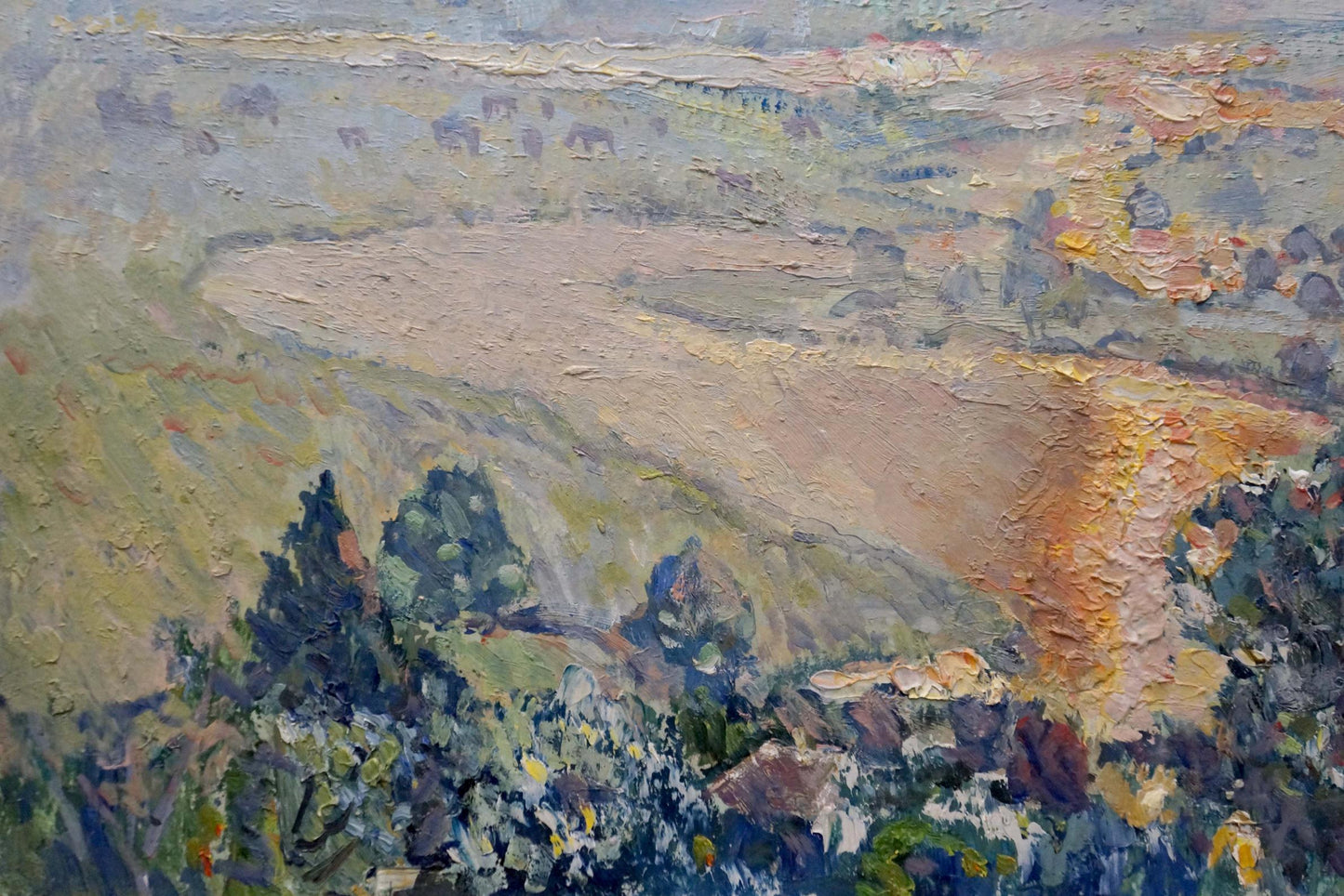 Impressionistic oil painting of sunset landscape with rolling hills and fields