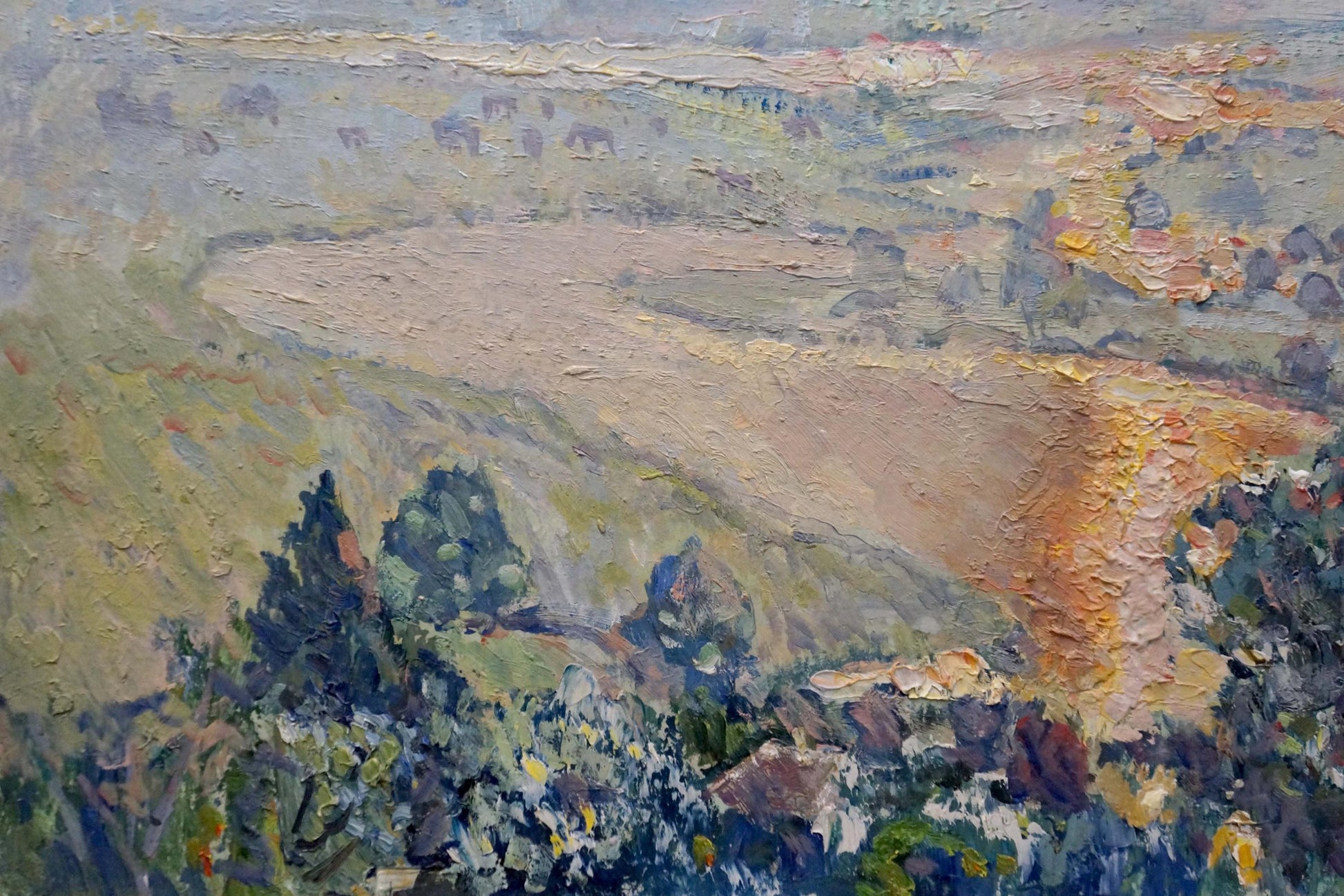 Impressionistic oil painting of sunset landscape with rolling hills and fields