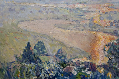 Impressionistic oil painting of sunset landscape with rolling hills and fields