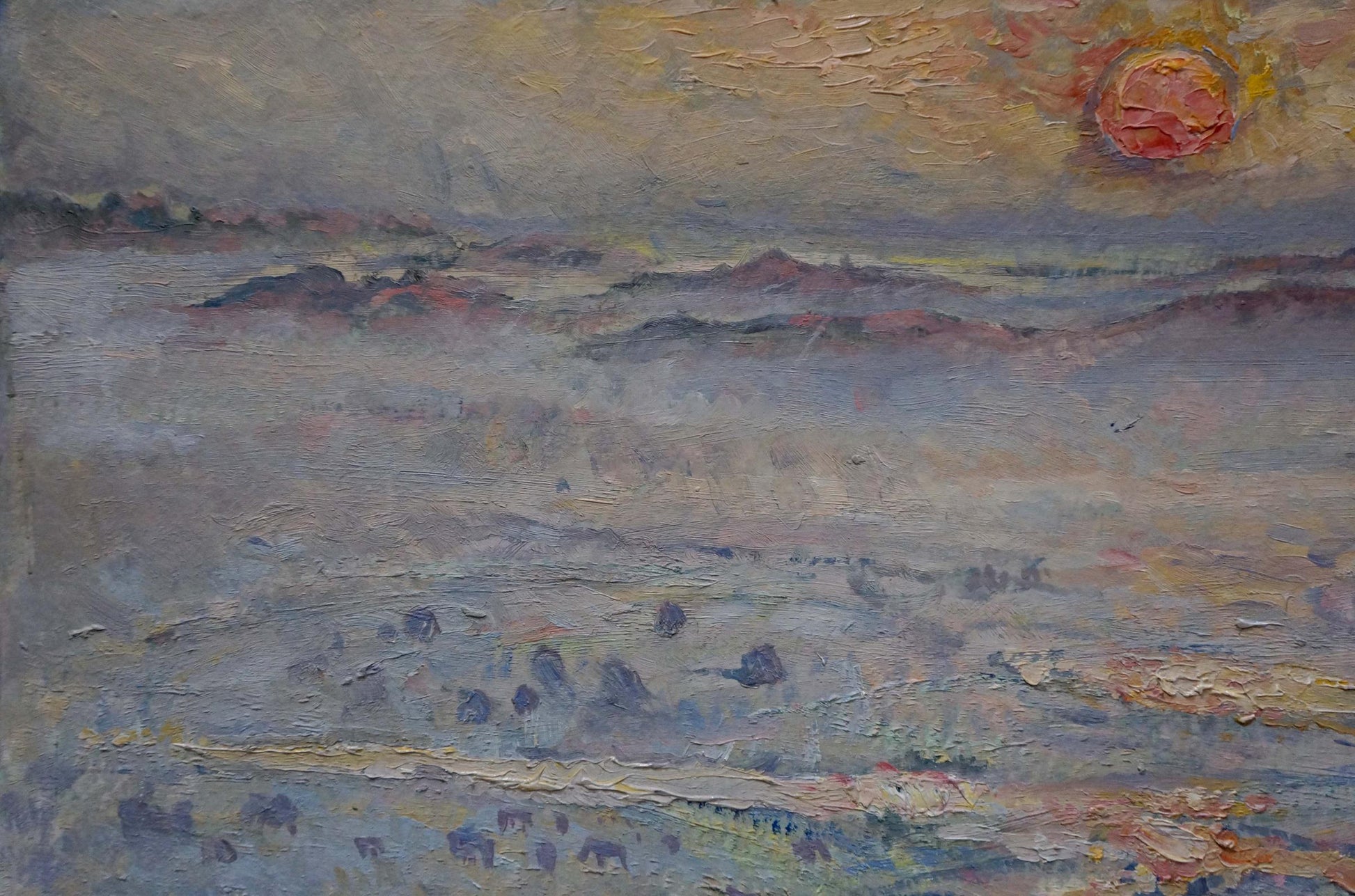 Textured oil painting of hazy sunset landscape with rolling hills, unknown artist