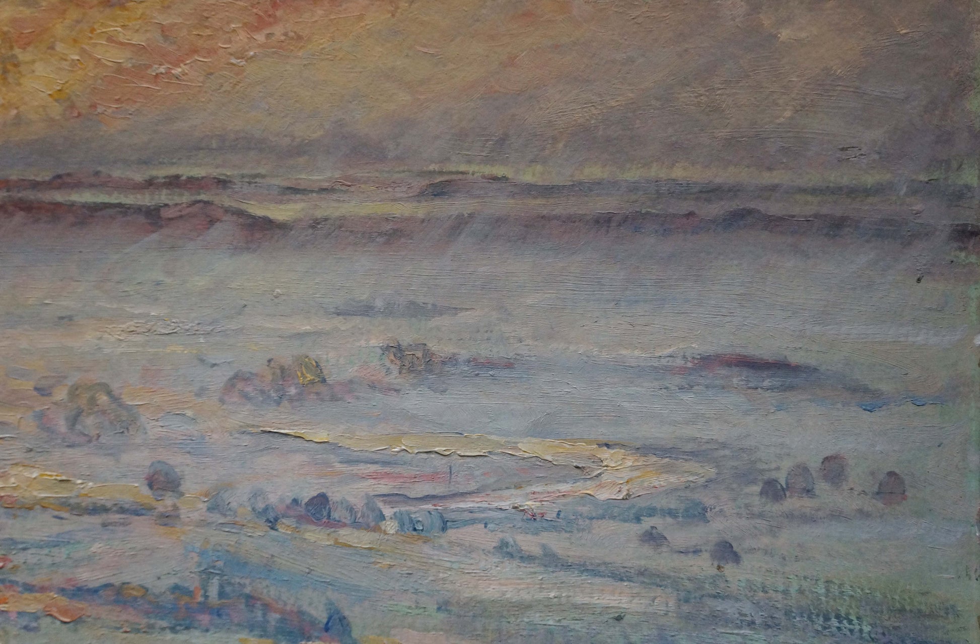Textured oil painting of misty coastal sunset landscape by unknown artist