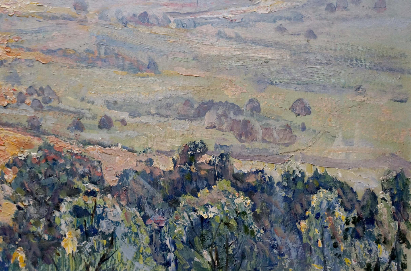 Textured oil painting of countryside landscape with sunset on field, unknown artist