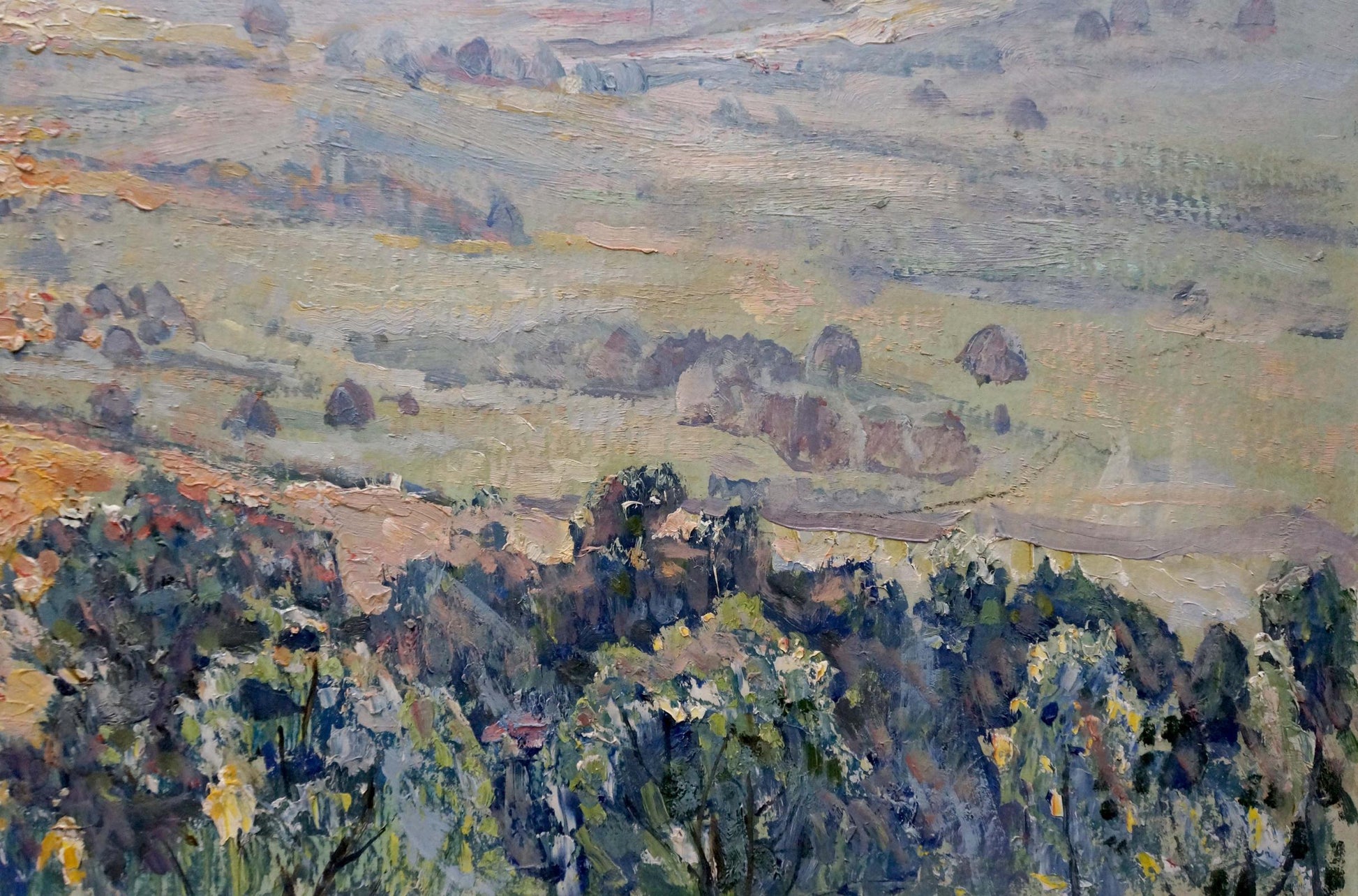 Textured oil painting of countryside landscape with sunset on field, unknown artist
