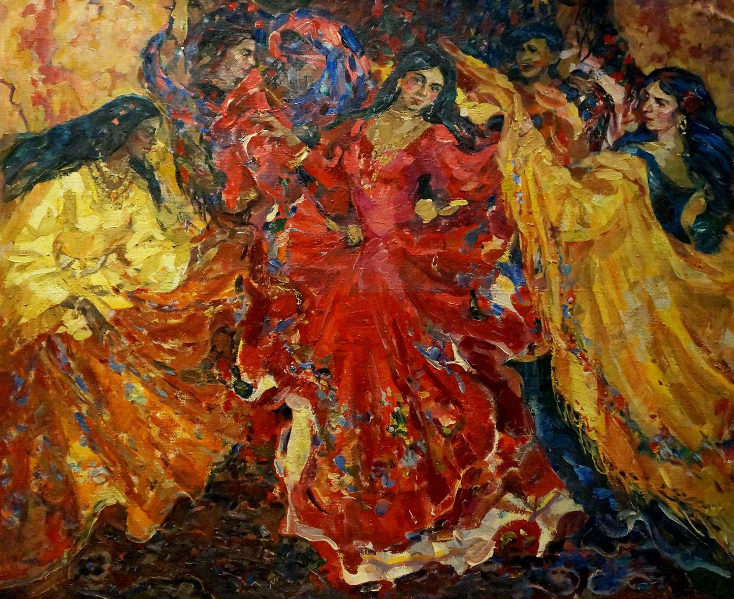 Vibrant oil painting of dancing gypsy women in colorful gowns by Tytarenko Odarka Anatoliivna