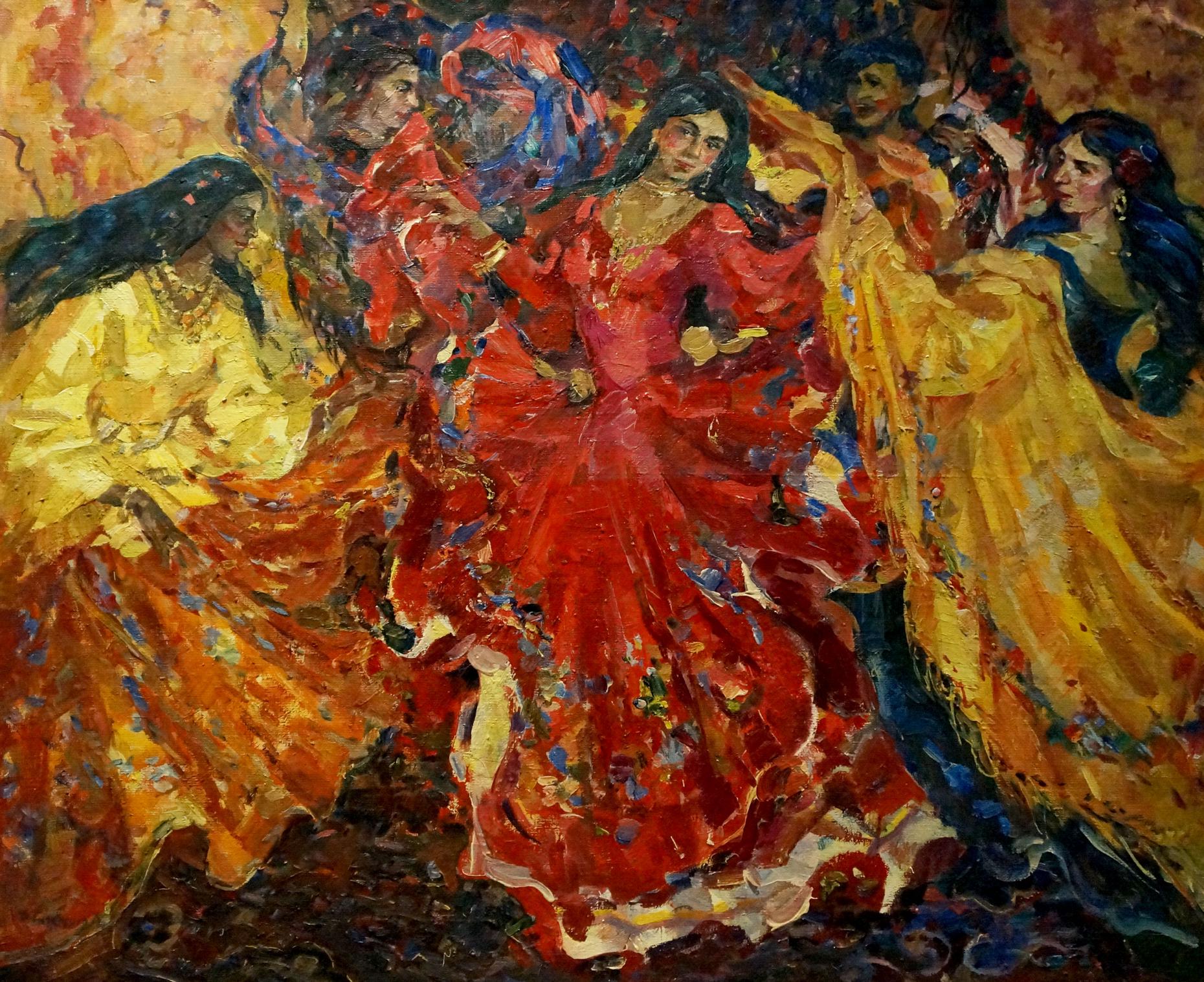 Vibrant oil painting of dancing gypsy women in colorful gowns by Tytarenko Odarka Anatoliivna