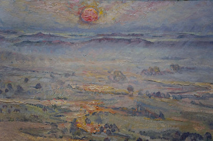 Textured oil painting of hazy sunset landscape on field by unknown artist