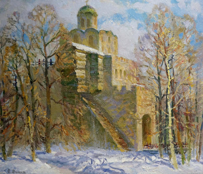 Oil painting of church with green domes by Mynka Alexander Fedorovich