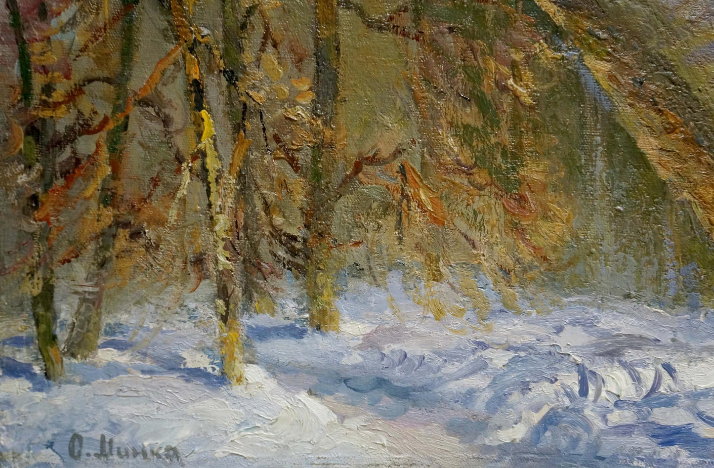 Textured impressionist snowy forest oil painting by Mynka Alexander Fedorovich