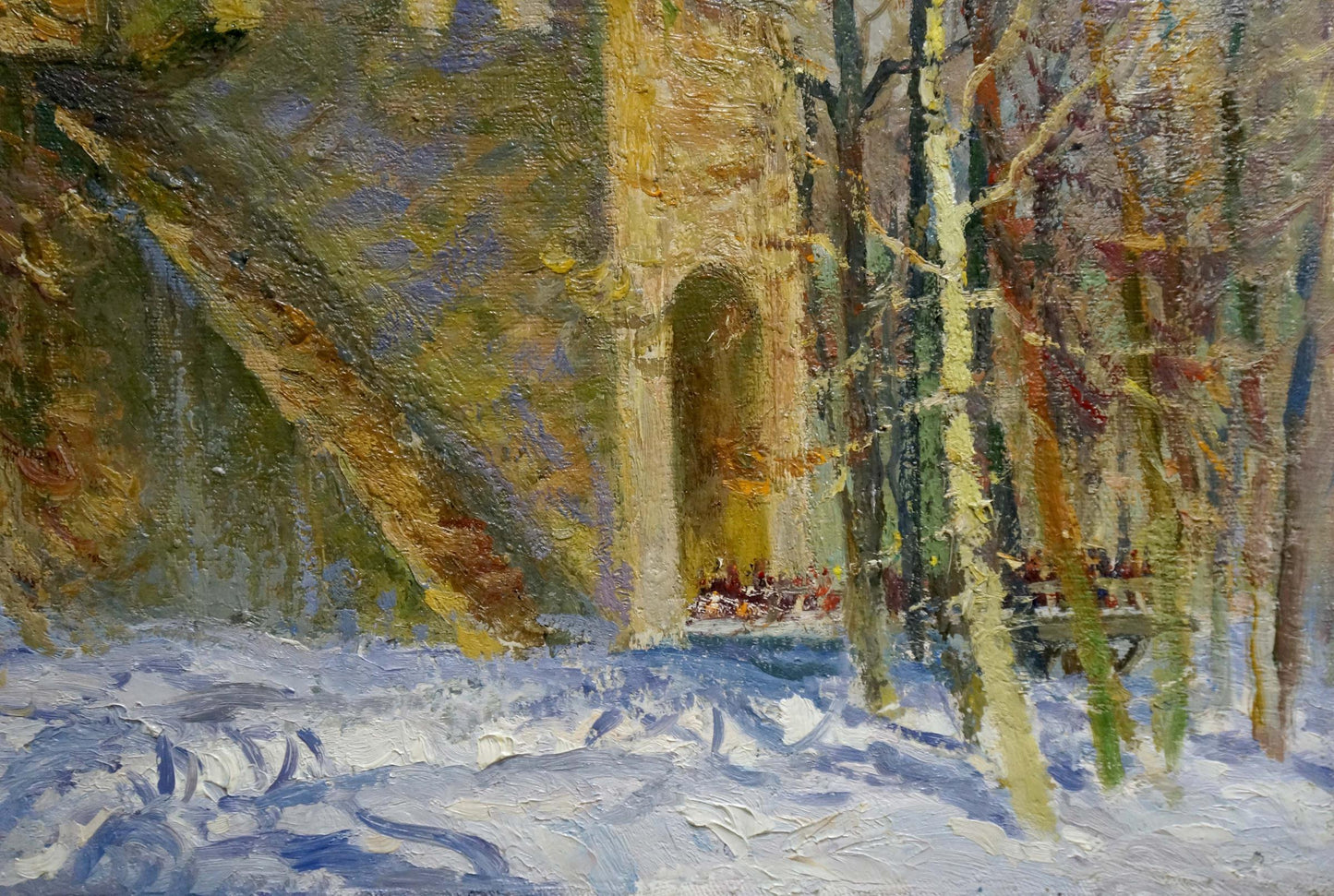 Impressionistic oil painting by Mynka Alexander Fedorovich of snow-covered forest path to arched stone church doorway