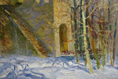 Impressionistic oil painting by Mynka Alexander Fedorovich of snow-covered forest path to arched stone church doorway