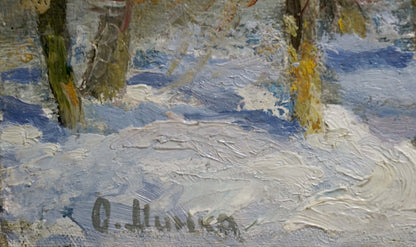 Textured impressionistic snowy forest oil painting by Mynka Alexander Fedorovich