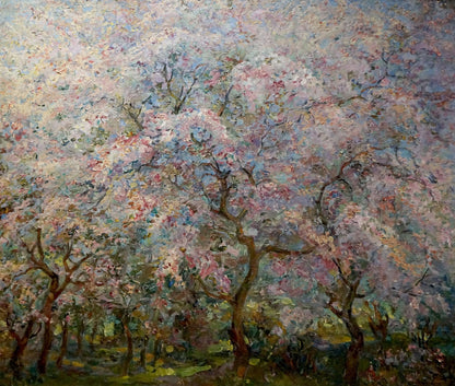 Impressionistic oil painting of blooming cherry trees by Tytarenko Odarka Anatoliivna