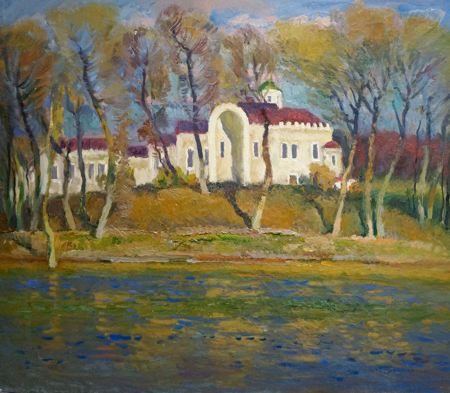 Oil painting by Museum Mynka Alexander Fedorovich: white stone villa with red roof amid autumn trees by water