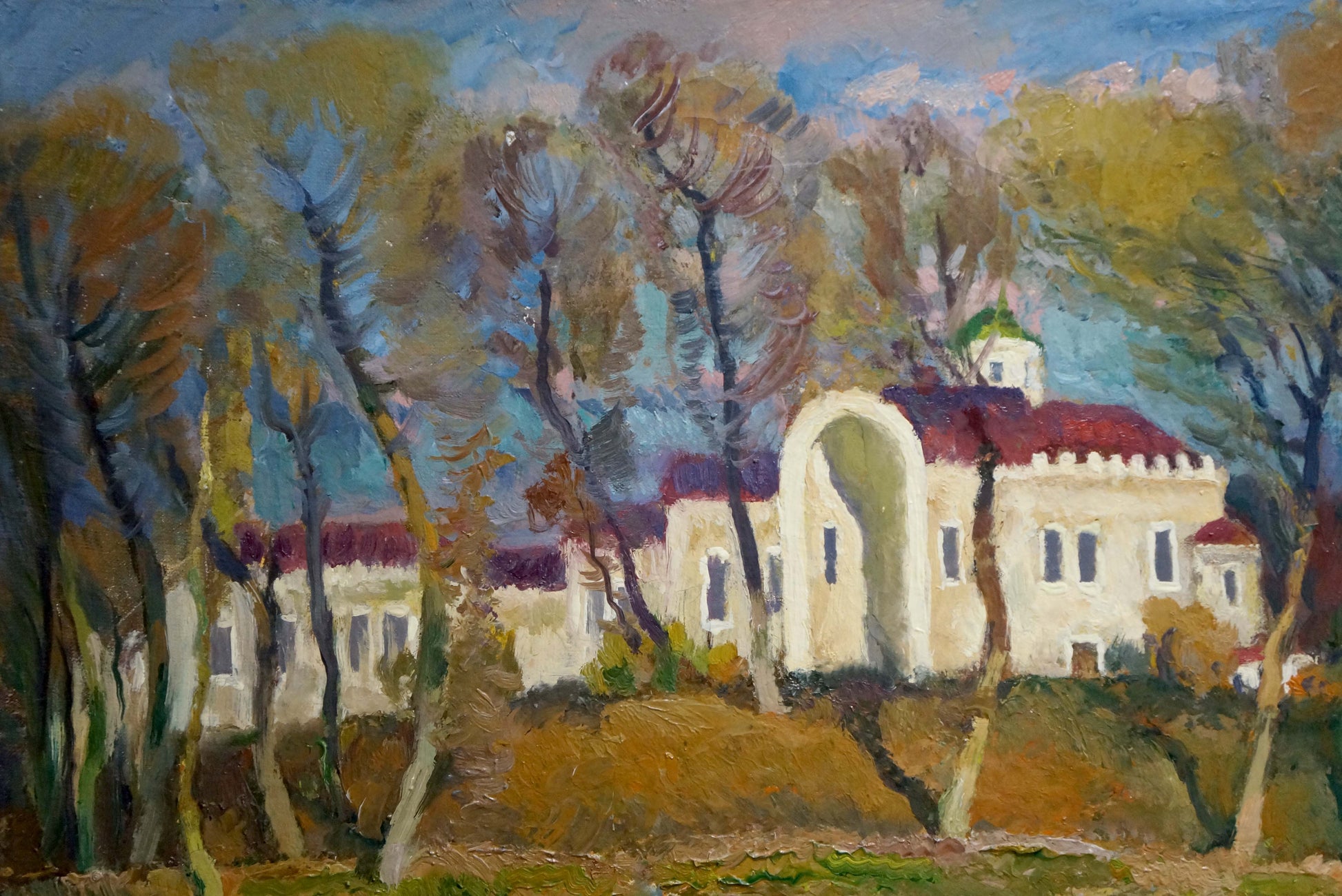 Oil painting by Museum Mynka Alexander Fedorovich: cream stone villa with red roof amid autumn trees