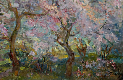 Vibrant impressionist oil painting of blooming cherry trees by Tytarenko Odarka Anatoliivna