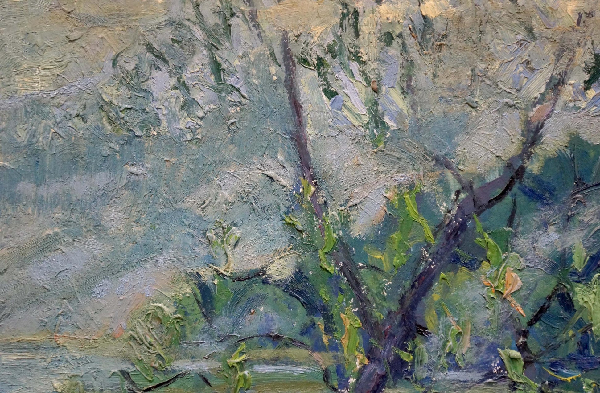 Textured impressionist tree painting in green and gray by Gaiduk Viktor Kirillovich