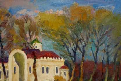 Oil painting by Museum Mynka Alexander Fedorovich with cream stone building and autumn trees