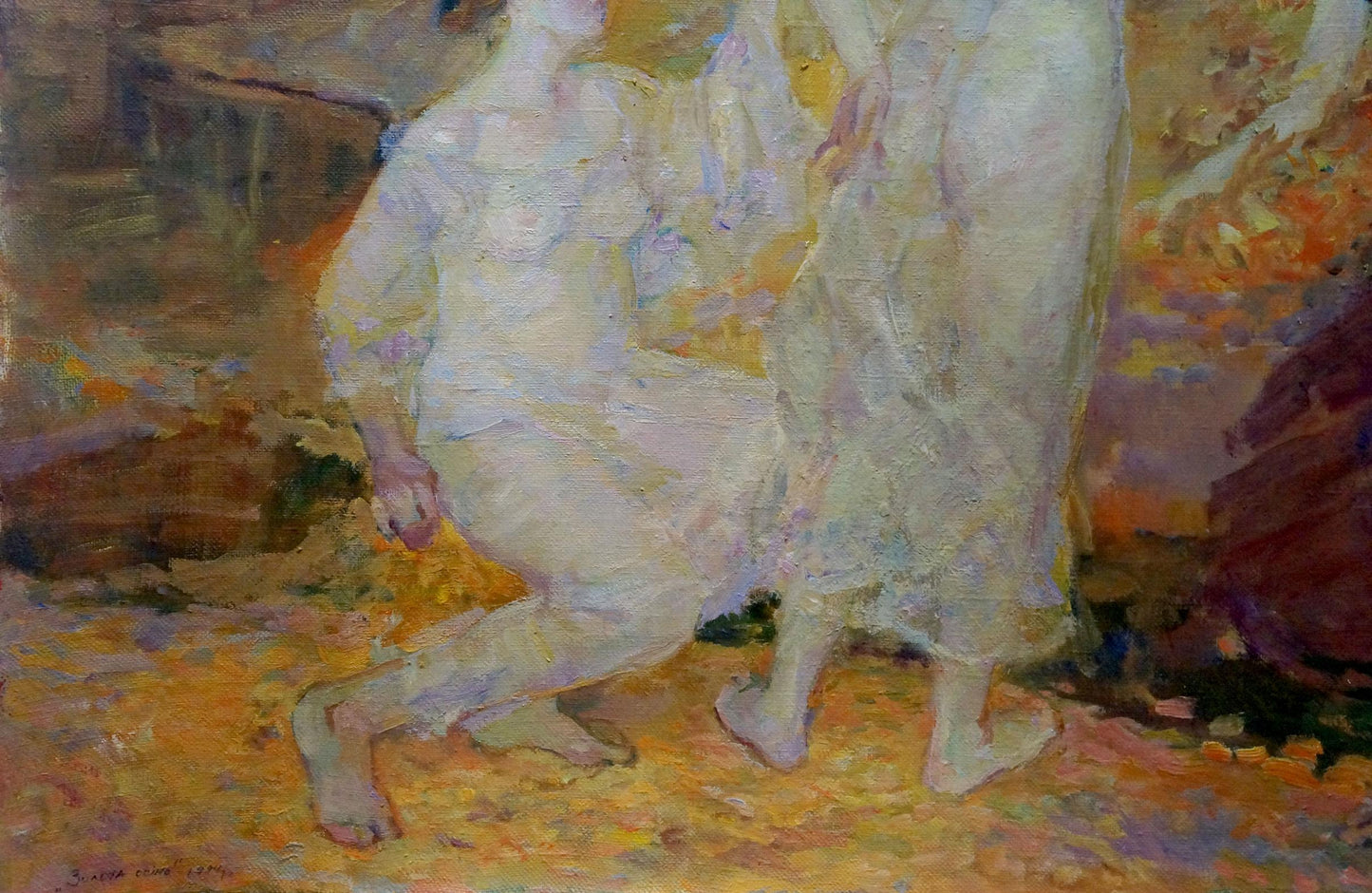 Oil painting of girls in autumn forest by Odarka Tytarenko