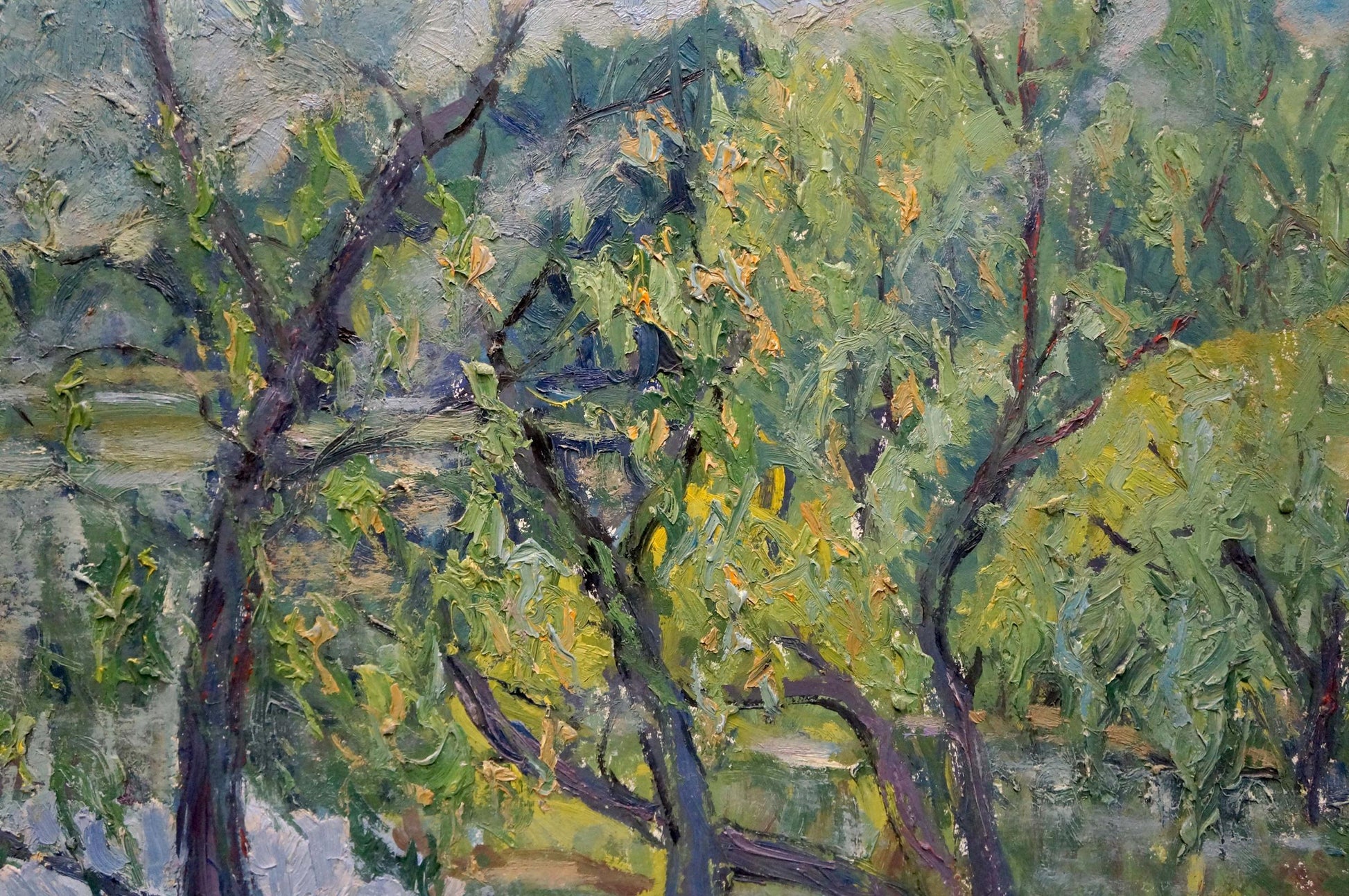 Textured impressionist oil painting of leafy trees by Gaiduk Viktor Kirillovich