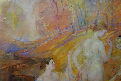 Oil painting of nude women in sunlit autumn forest by Odarka Tytarenko