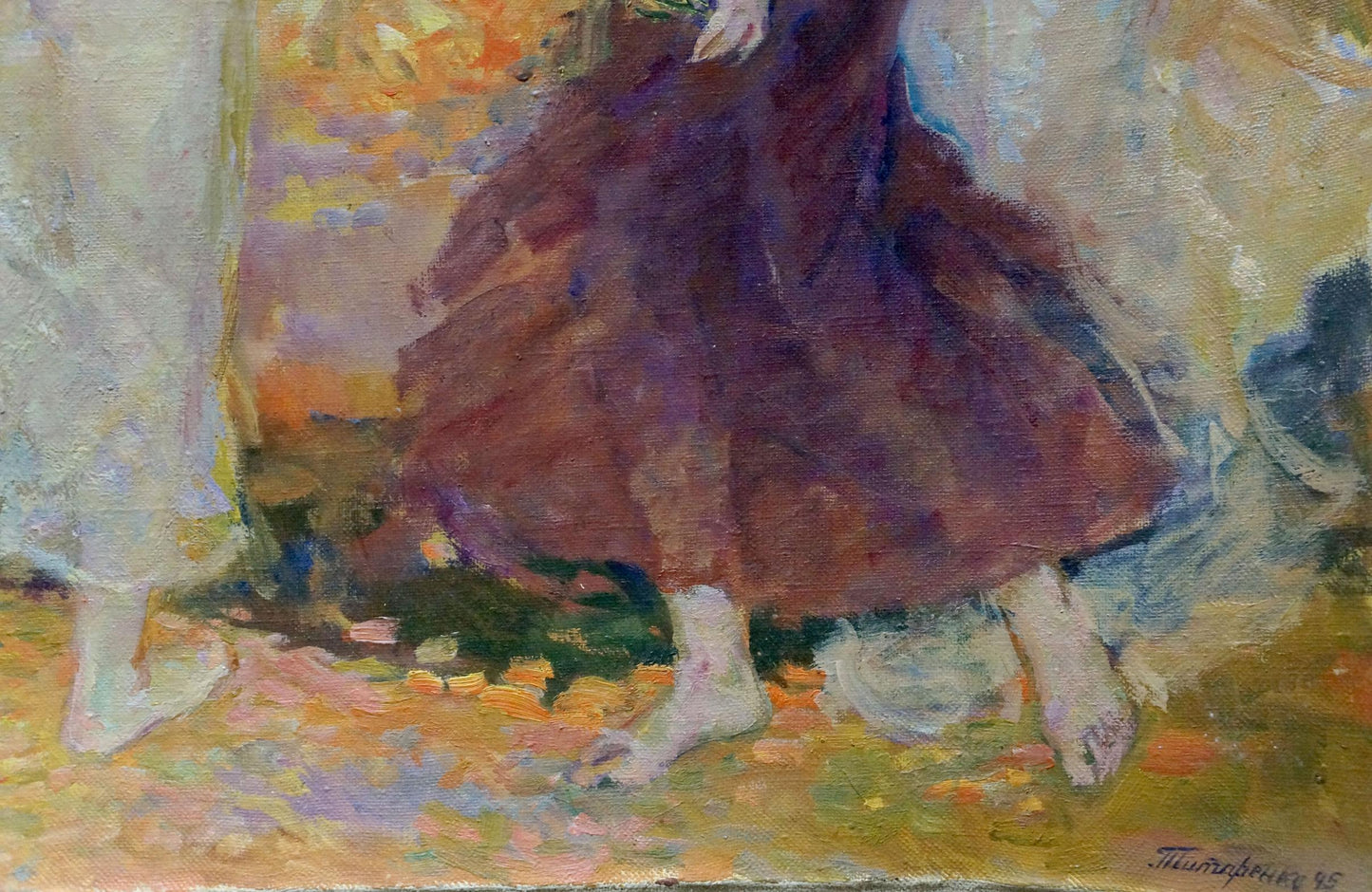 Rich burgundy oil painting of flowing skirt in autumn forest by Odarka Tytarenko