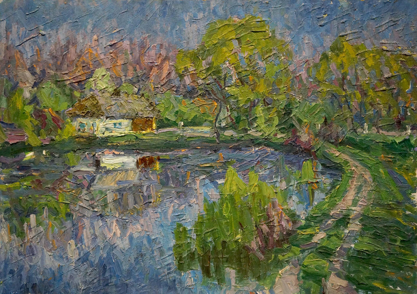 Impressionistic oil painting by Dupliy Sergey Alexandrovich of house by lake