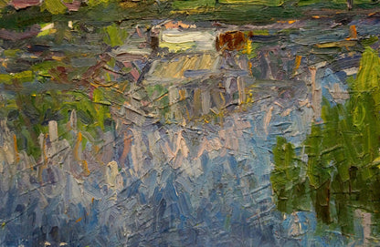 Impasto oil painting by Dupliy Sergey Alexandrovich: house by lake reflection