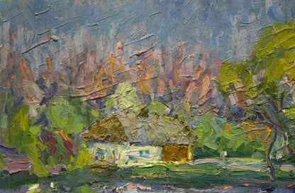 Oil painting by Dupliy Sergey Alexandrovich: rustic white thatched cottage amid green trees by lake under blue sky