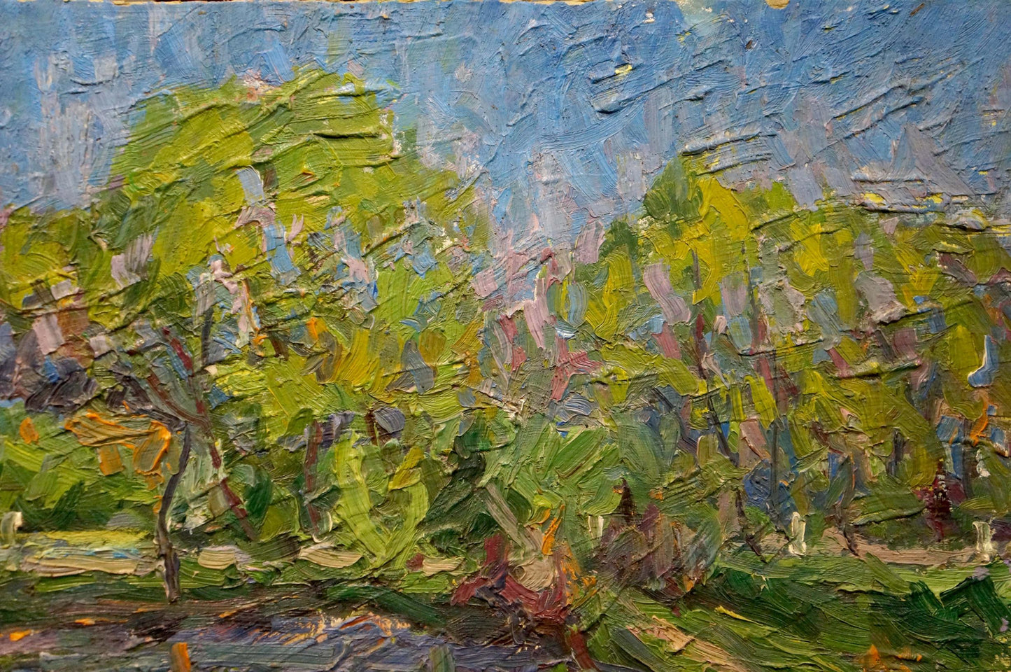 Textured impressionist oil painting by Dupliy Sergey Alexandrovich: lush green landscape with house by lake