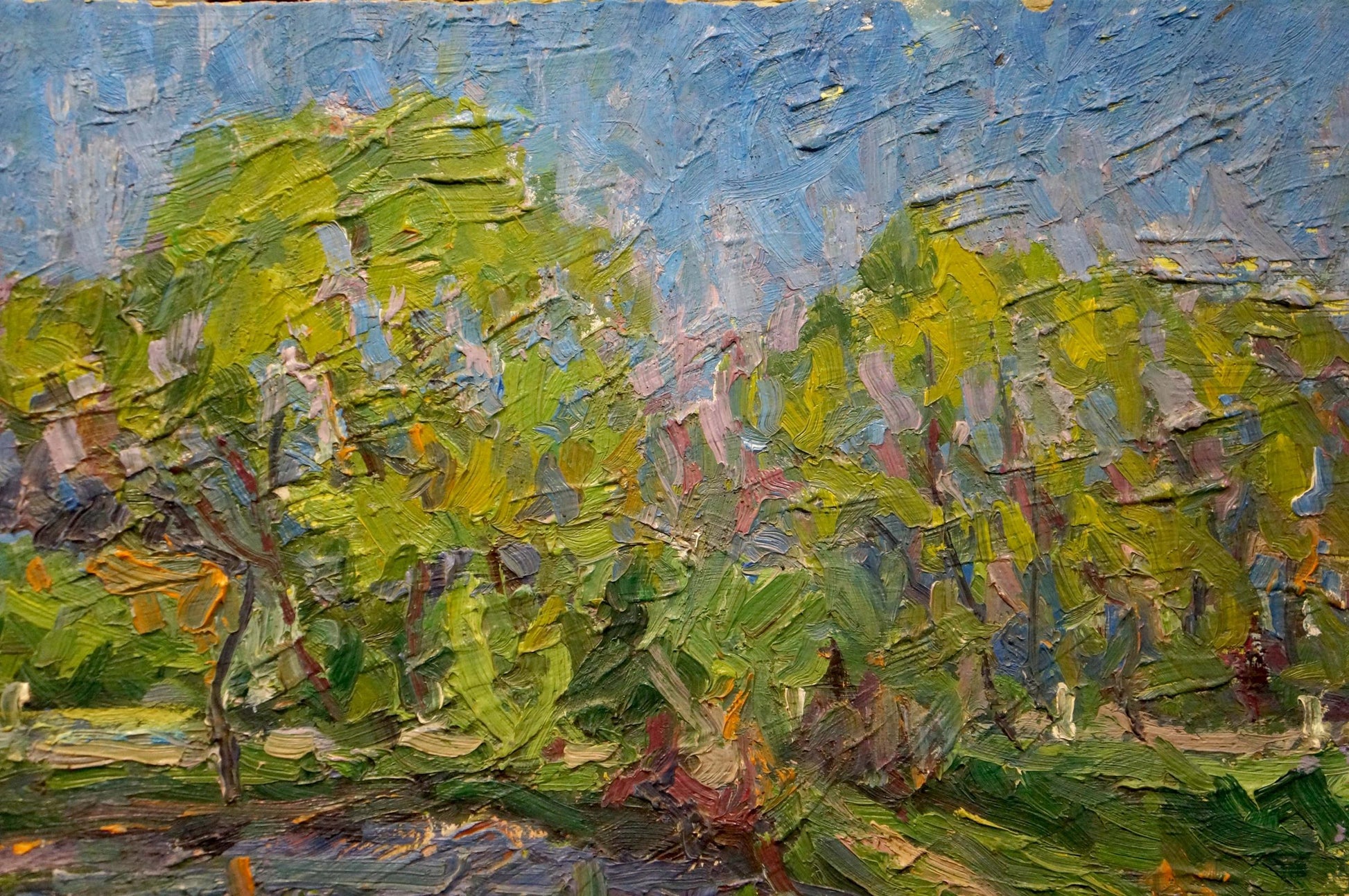 Textured impressionist oil painting by Dupliy Sergey Alexandrovich: lush green landscape with house by lake