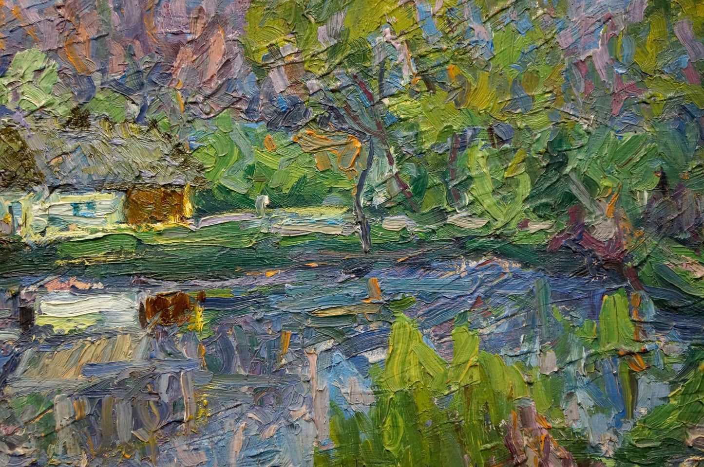 Vibrant impressionist oil painting by Dupliy Sergey Alexandrovich: lush green landscape with house by lake