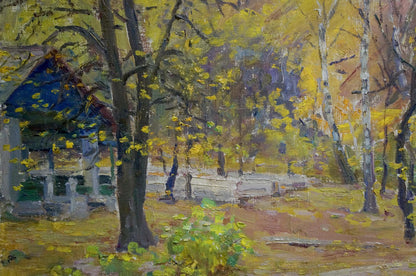 Rustic blue-roofed cottage among golden autumn trees by Kisil Grigory Alekseevich