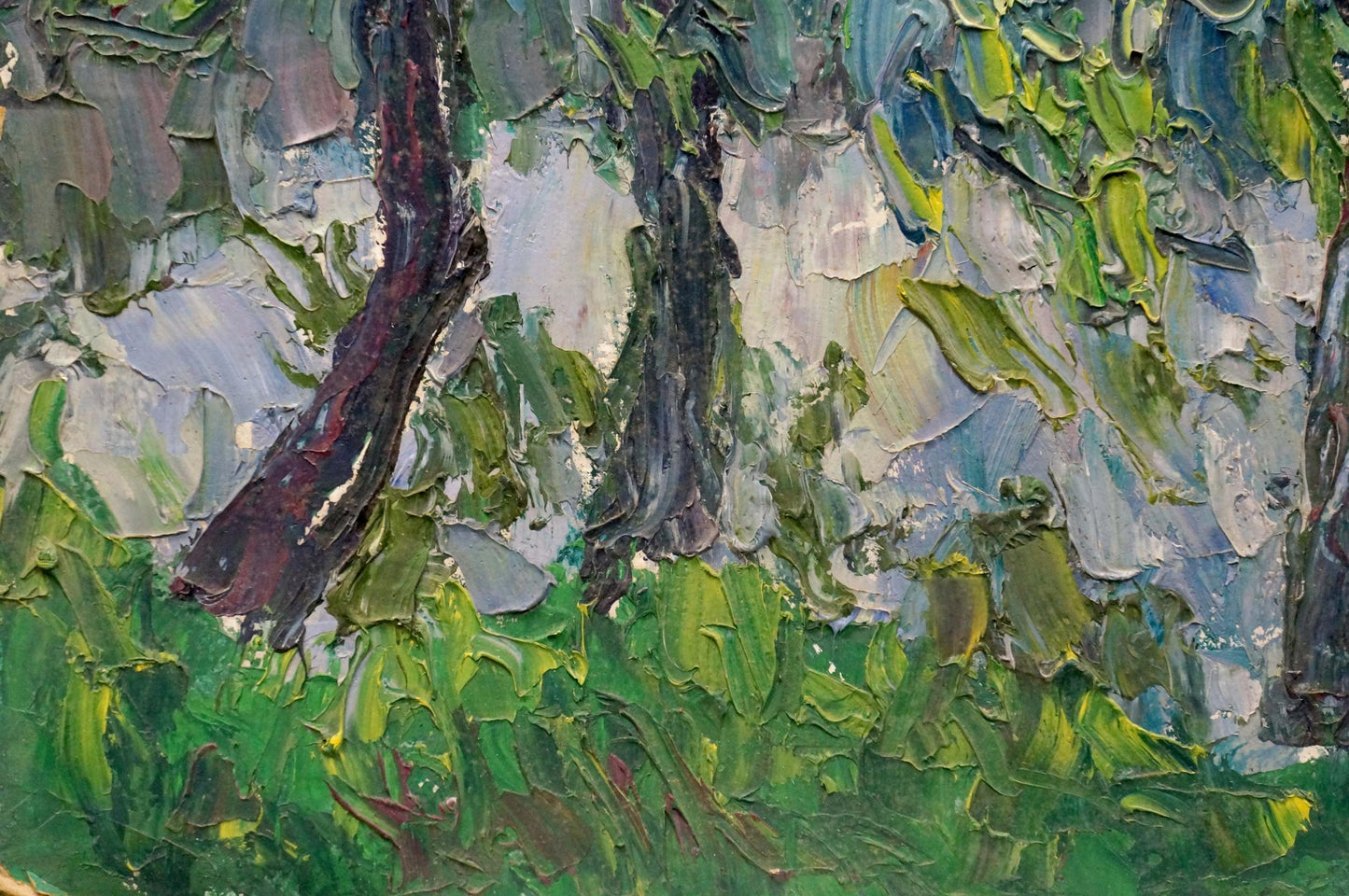 Oil painting Forest landscape by Dupliy Sergey Alexandrovich with textured green foliage and dark trunks