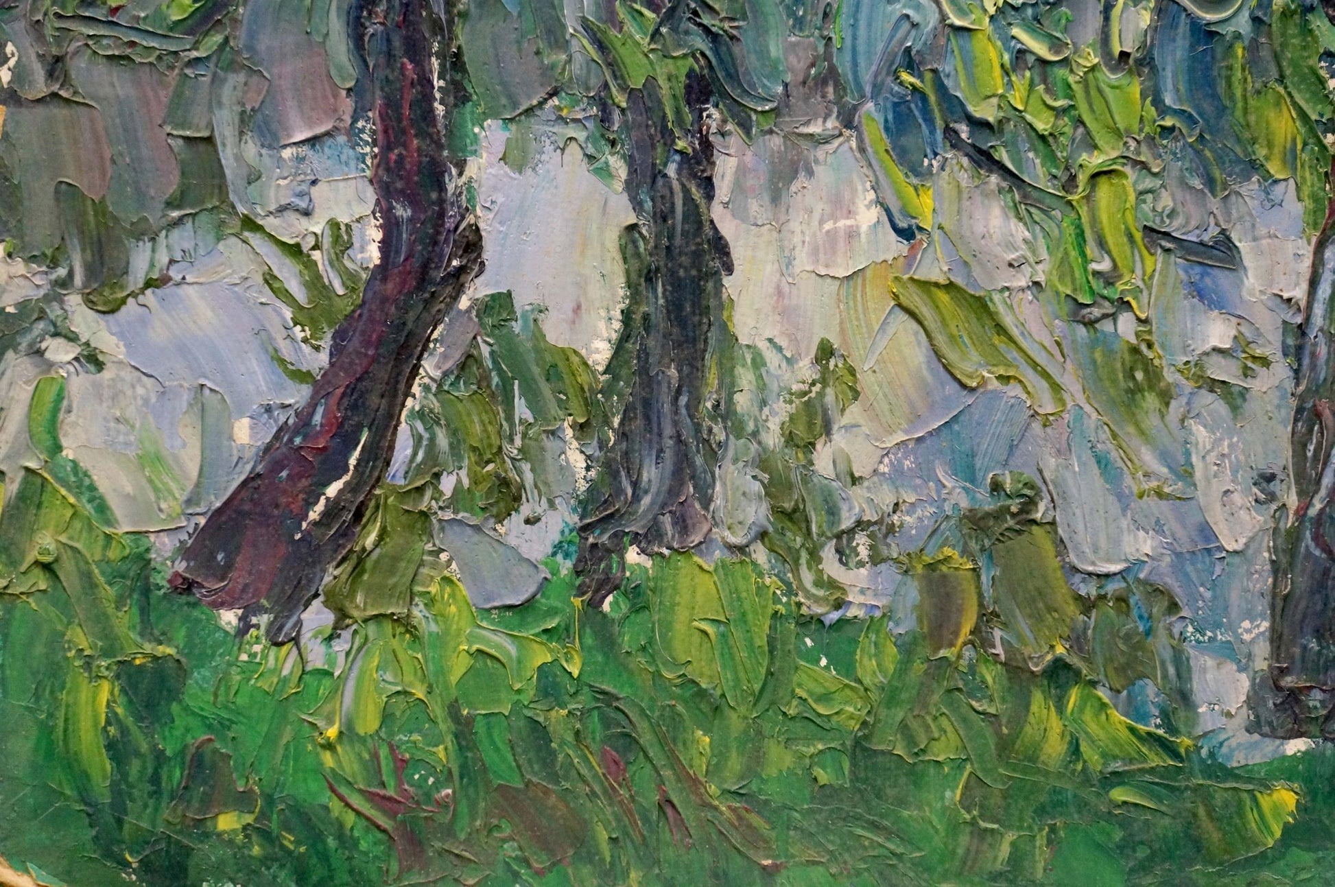Oil painting Forest landscape by Dupliy Sergey Alexandrovich with textured green foliage and dark trunks
