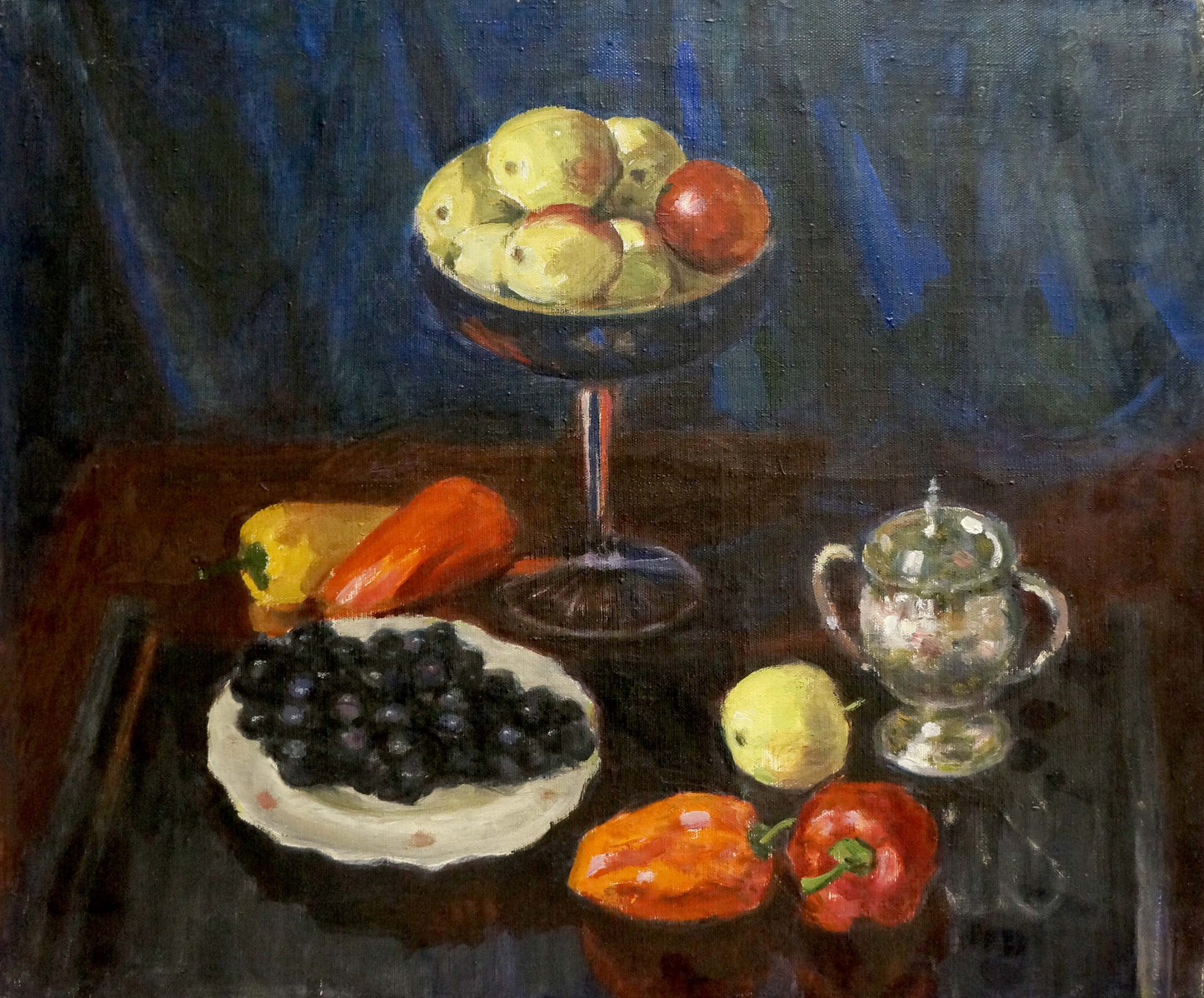 Oil painting of dark blue bowl with yellow and red apples by Golub Stepan Filippovich