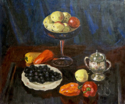 Oil painting of dark blue bowl with yellow and red apples by Golub Stepan Filippovich