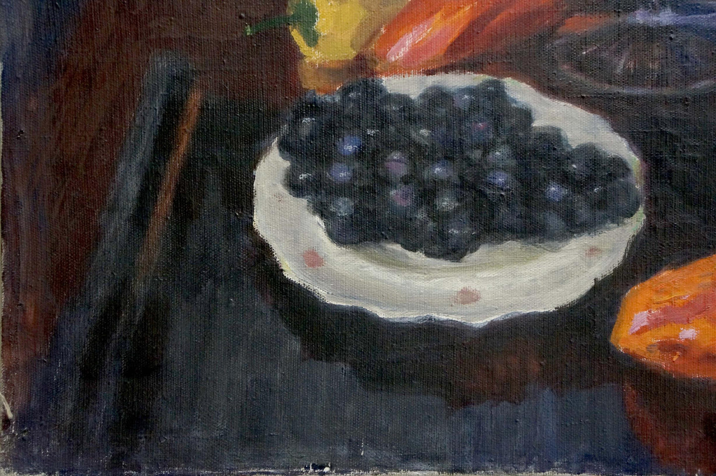 Oil painting of white scalloped plate with pink dots holding purple grapes by Golub Stepan Filippovich