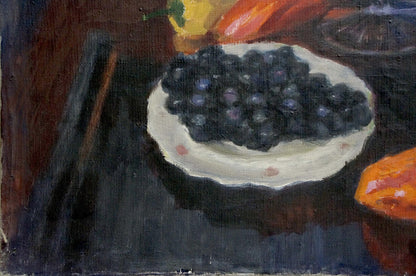 Oil painting of white scalloped plate with pink dots holding purple grapes by Golub Stepan Filippovich