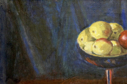 Oil painting by Golub Stepan Filippovich: dark blue bowl with yellow and red apples on pedestal