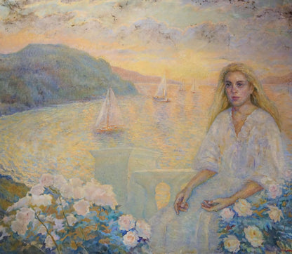 Impressionistic oil painting by Tytarenko Odarka Anatoliivna of blonde woman by sunset water