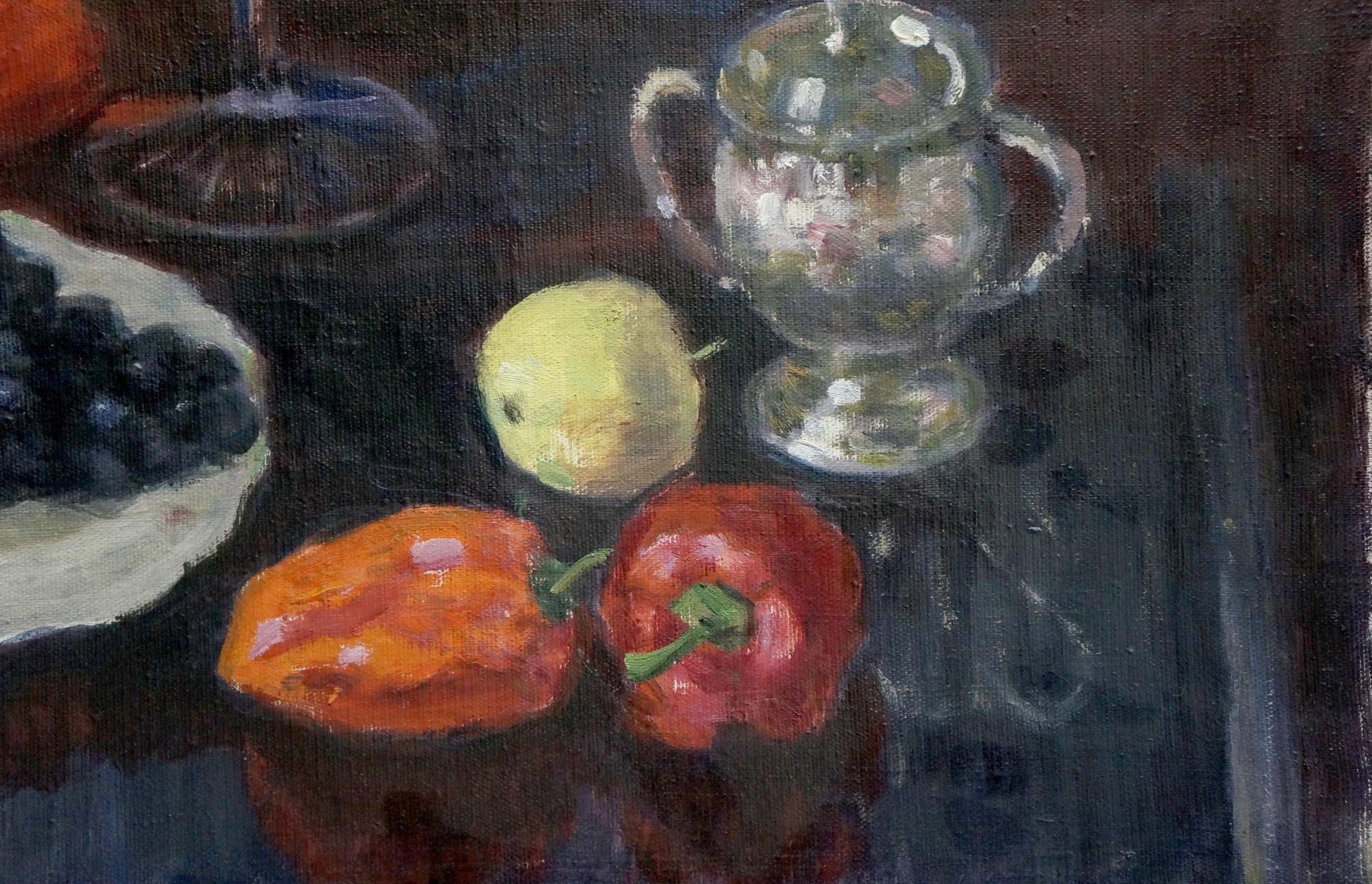 Oil painting of silver sugar bowl with handles, lid, floral patterns by Golub Stepan Filippovich