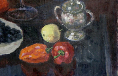 Oil painting of silver sugar bowl with handles, lid, floral patterns by Golub Stepan Filippovich
