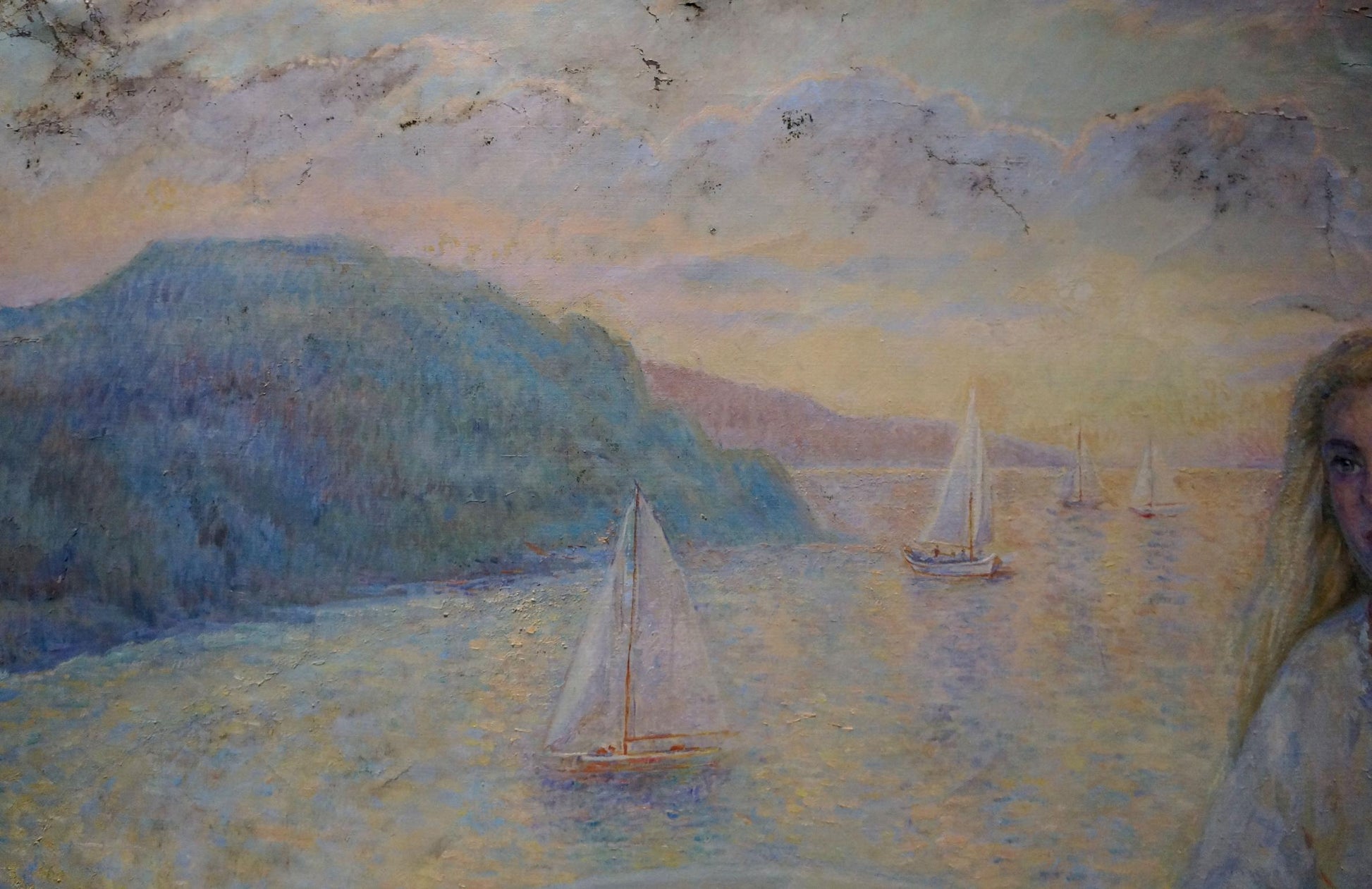 Oil painting by Tytarenko Odarka Anatoliivna of sailboats on golden waterway