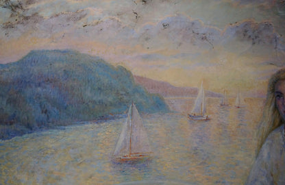 Oil painting by Tytarenko Odarka Anatoliivna of sailboats on golden waterway