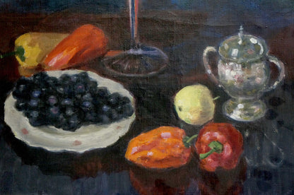 Oil painting of white scalloped plate with dark purple grapes by Golub Stepan Filippovich