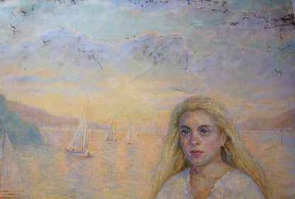 Oil painting by Tytarenko Odarka Anatoliivna of blonde woman on serene coast