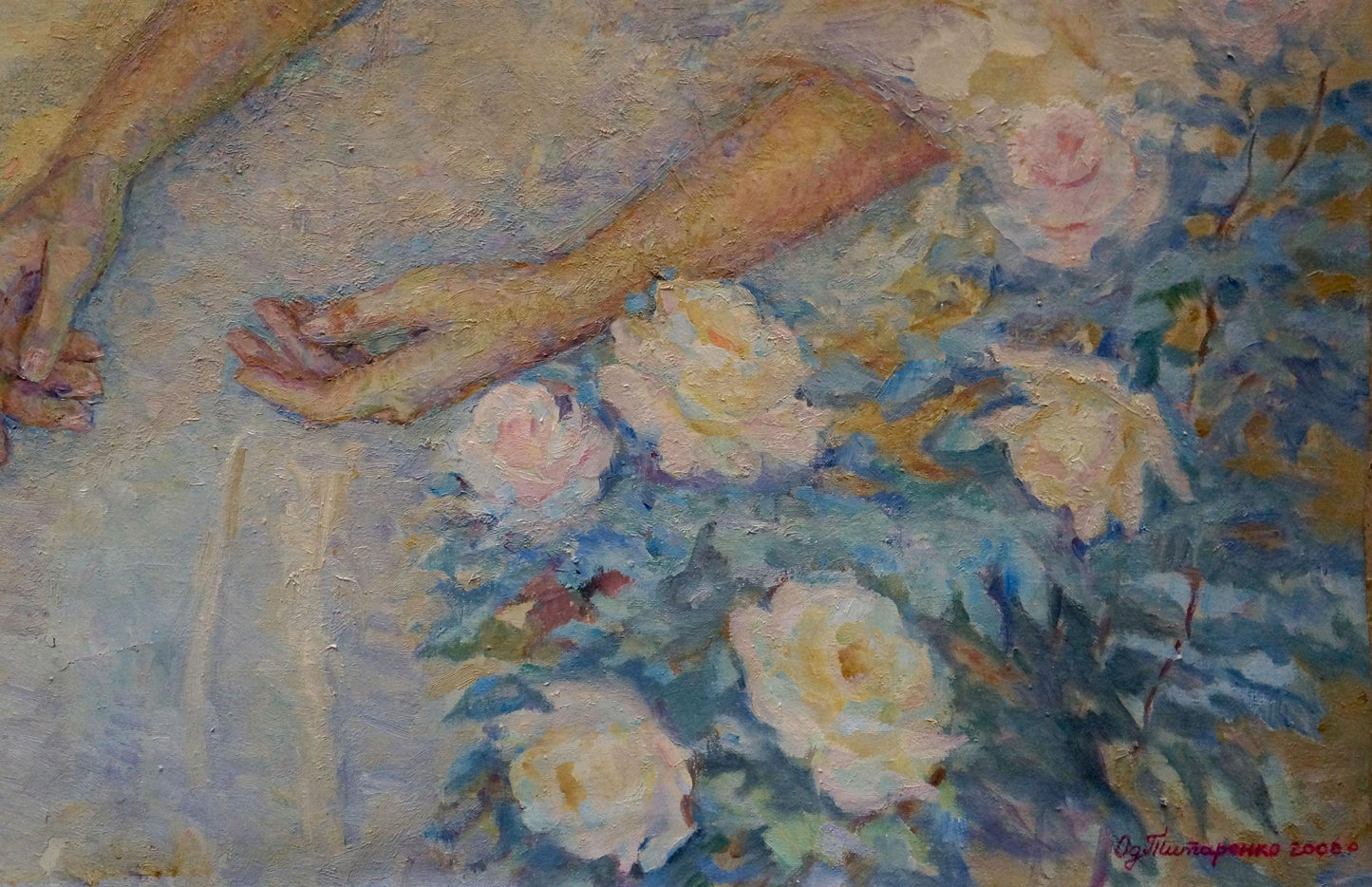 Impressionistic oil painting of pale hands and pink roses by Tytarenko Odarka Anatoliivna