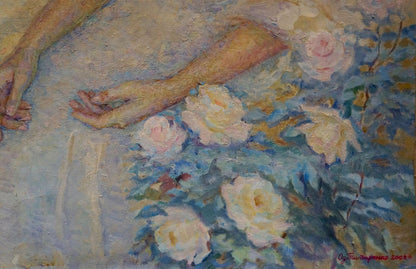 Impressionistic oil painting of pale hands and pink roses by Tytarenko Odarka Anatoliivna